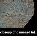 Damaged and split hollow vessel fragment showing gravel temper. Damaged vessel interior (left), undamaged exterior surface (middle), close-up of damage (right).